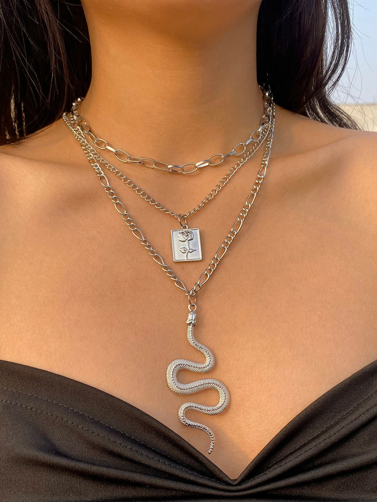 Snake & Flower Charm Layered Necklace