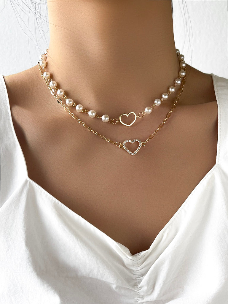 2pcs Faux Pearl & Heart Decor Necklace