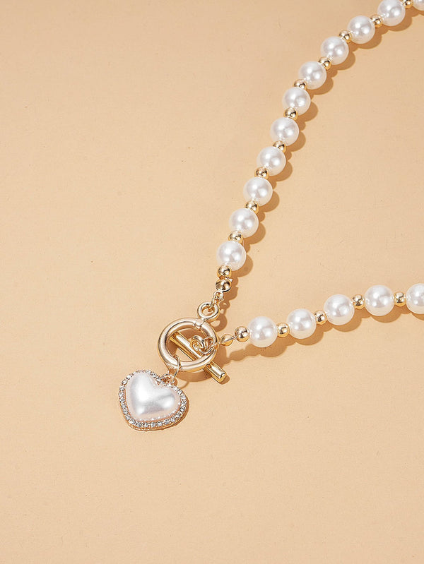 Faux Pearl & Rhinestone Decor Heart Charm Necklace