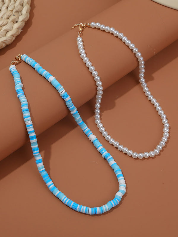 2pcs Faux Pearl & Soft Clay Beaded Necklace