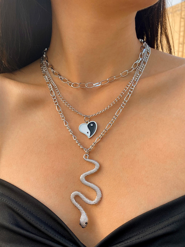 Snake & Heart Charm Layered Necklace