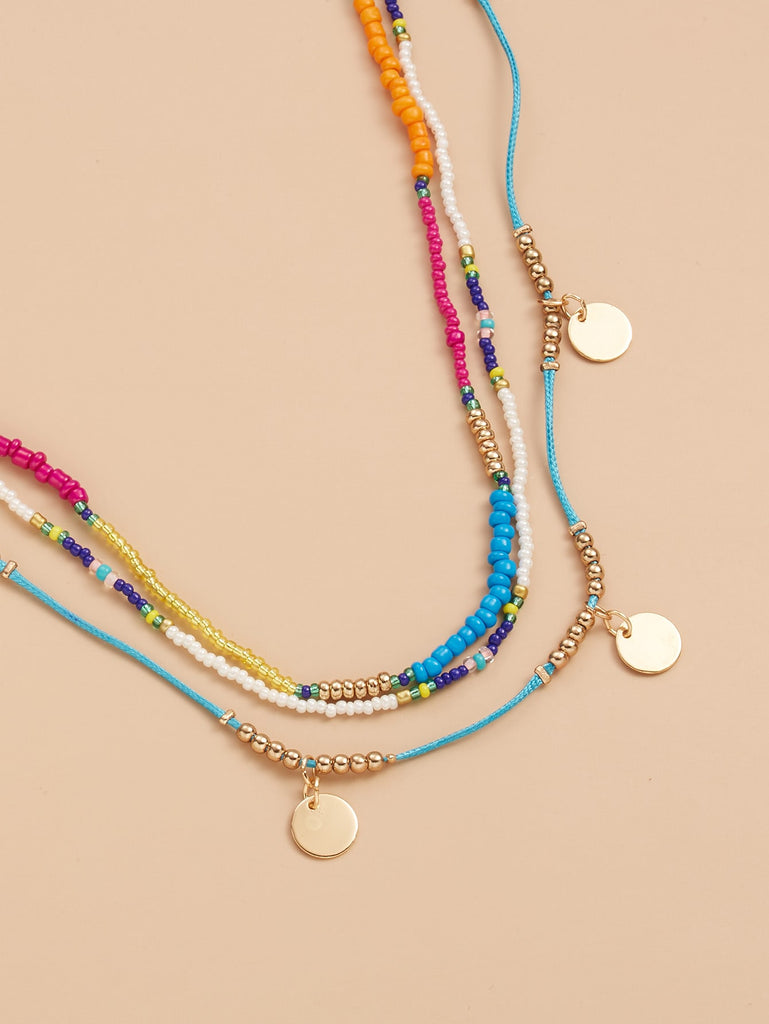Disc Charm Beaded Layered Necklace