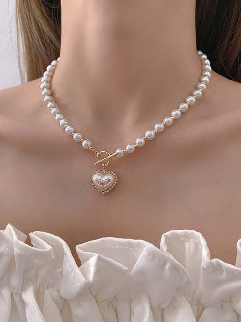 Faux Pearl & Rhinestone Decor Heart Charm Necklace