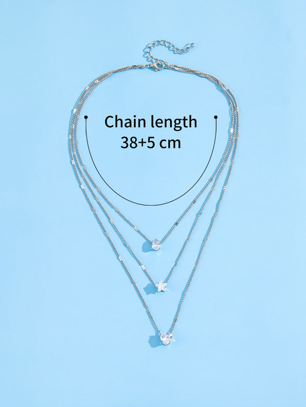 Zircon Heart & Star Charm Layered Necklace