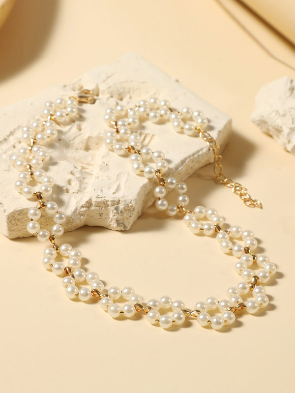 Faux Pearl Beaded Flower Decor Necklace
