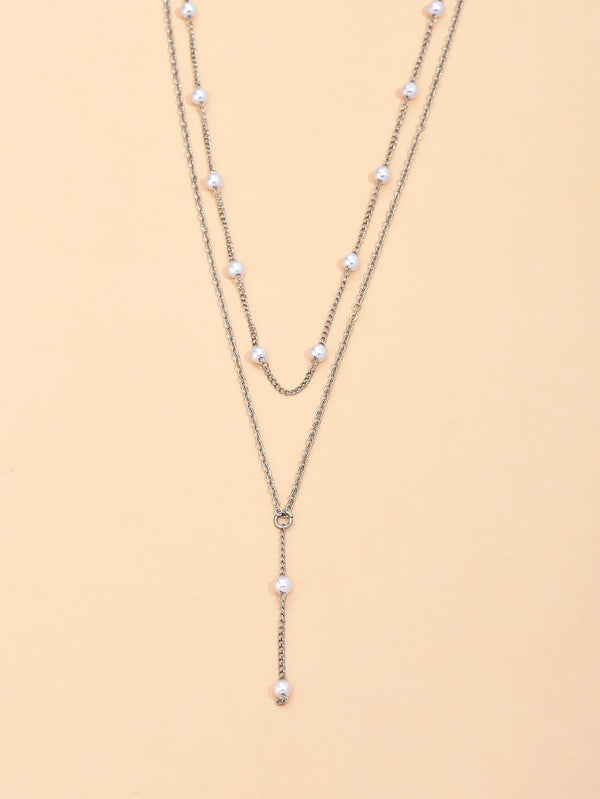 Faux Pearl Decor Layered Y Lariat Necklace