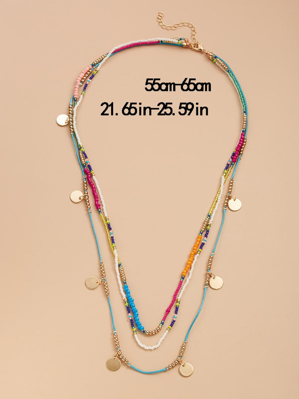 Disc Charm Beaded Layered Necklace