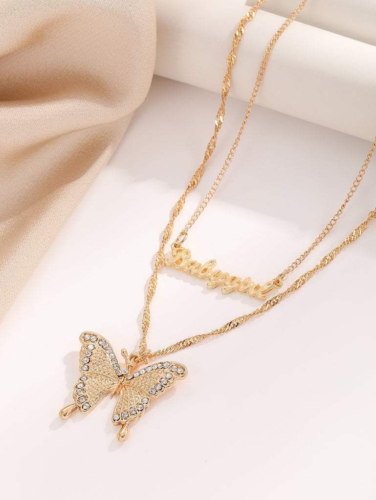 2pcs Rhinestone Decor Butterfly & Letter Charm Necklace