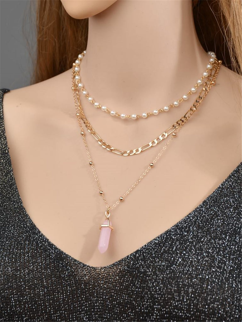 Faux Pearl Decor Geometric Charm Layered Necklace