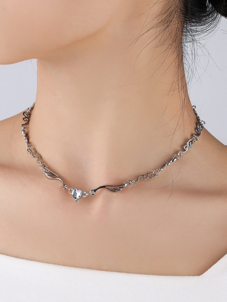 Heart Zircon Decor Wing Charm Necklace