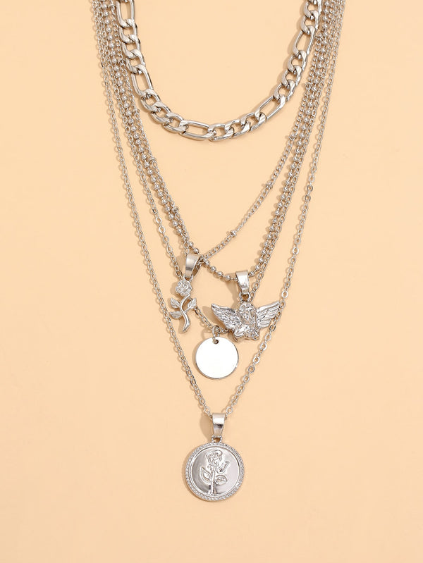 2pcs Flower & Disc Charm Layered Necklace