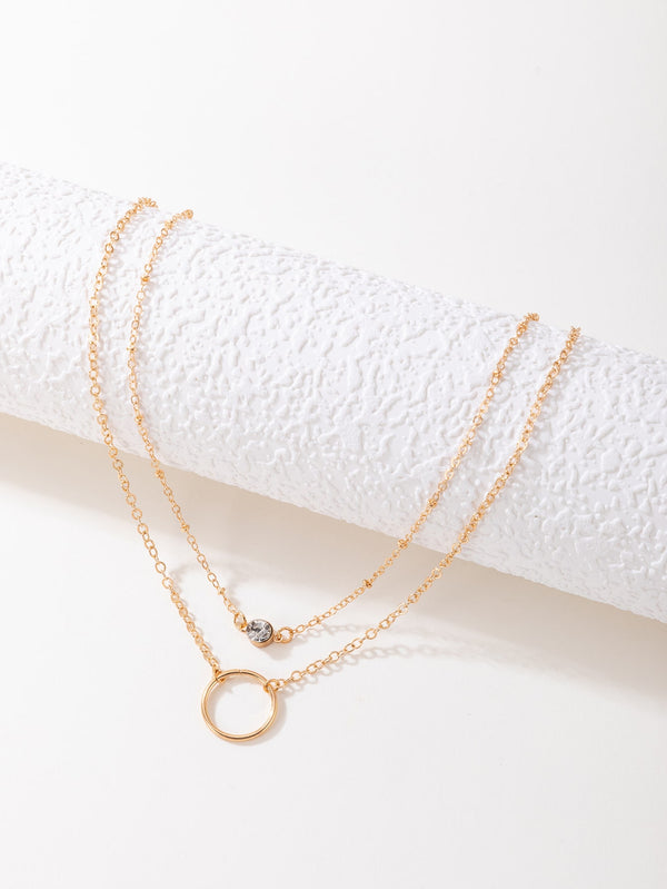 Zircon & Circle Charm Layered Necklace