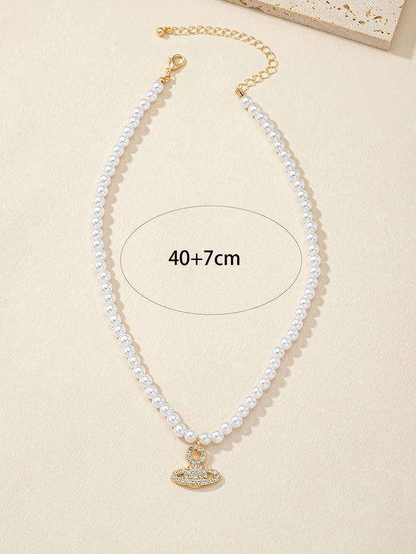 Faux Pearl Decor Planet Pendant Necklace