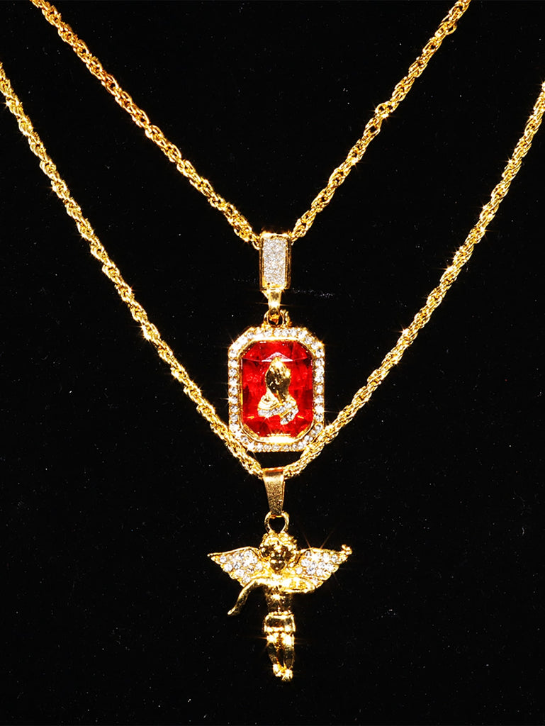 Men Rhinestone Angel & Square Charm Layered Necklace