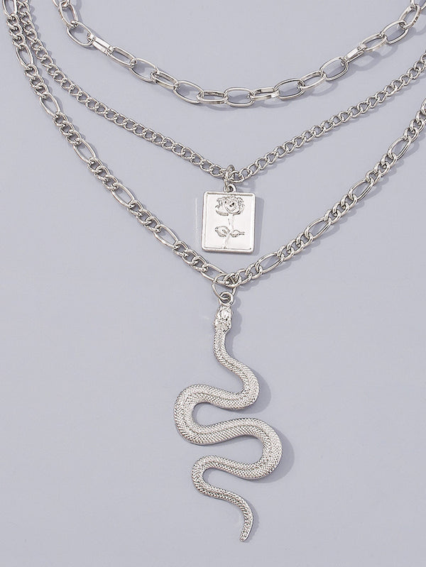 Snake & Flower Charm Layered Necklace