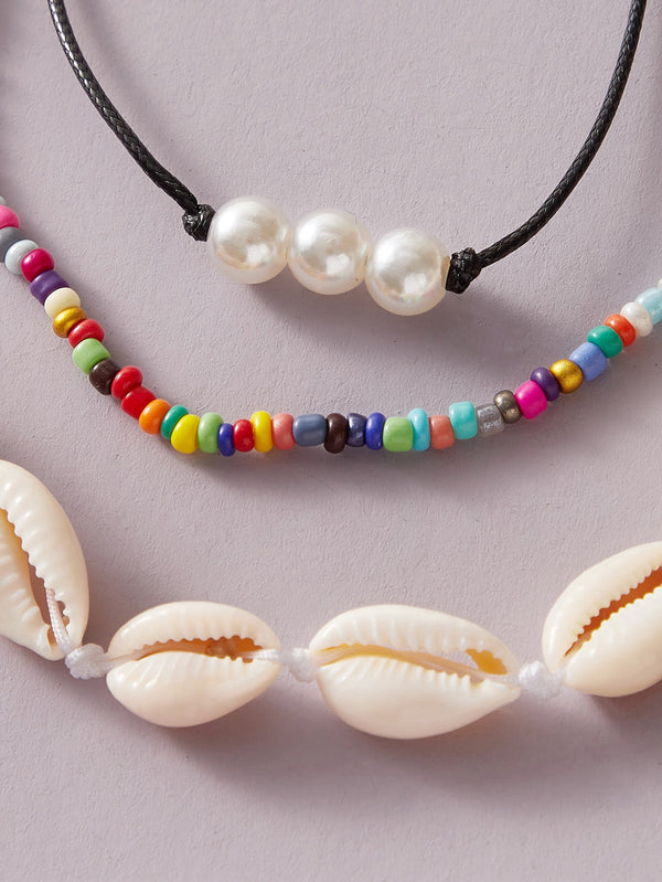 3pcs Shell & Bead Decor Necklace