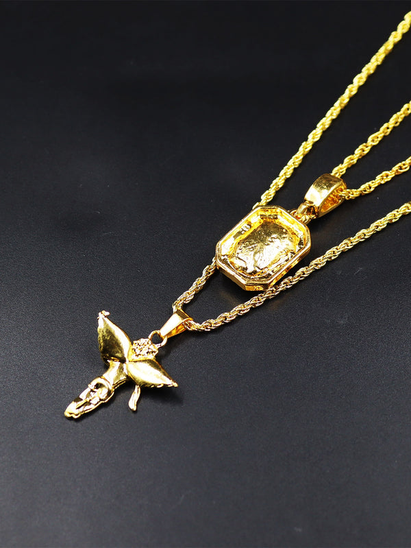 Men Rhinestone Angel & Square Charm Layered Necklace