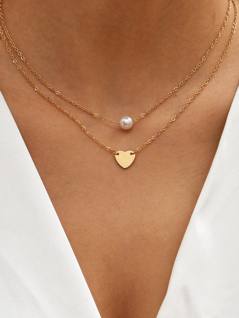 Heart & Faux Pearl Decor Layered Necklace