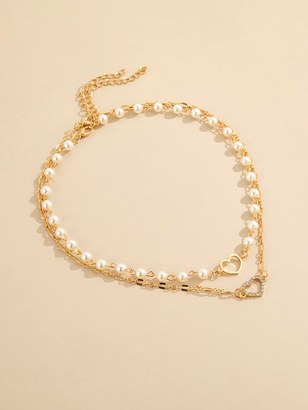 2pcs Faux Pearl & Heart Decor Necklace