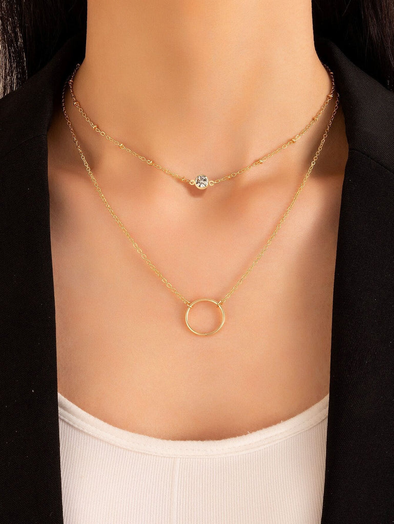 Zircon & Circle Charm Layered Necklace